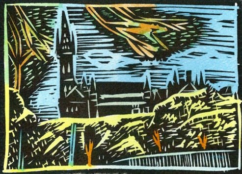 "L'Université de Glasgow à travers les arbres" Gravure linoléogravure | Damian Henry Artiste graveur