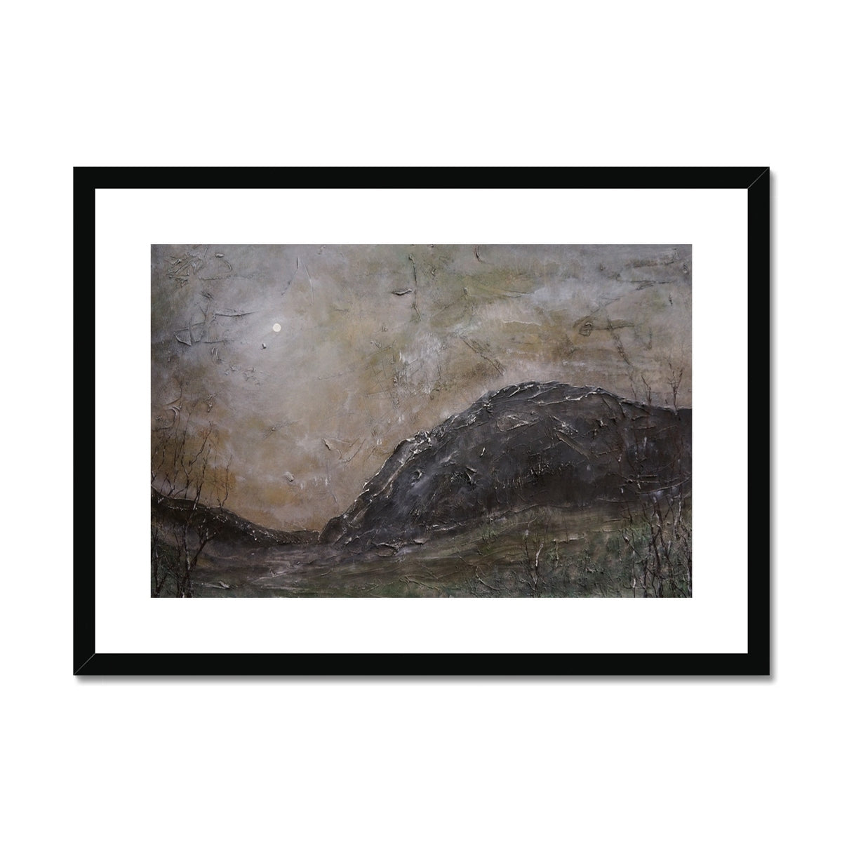 Glen Nevis Moonlight abstract art print in black frame with textured earth tones