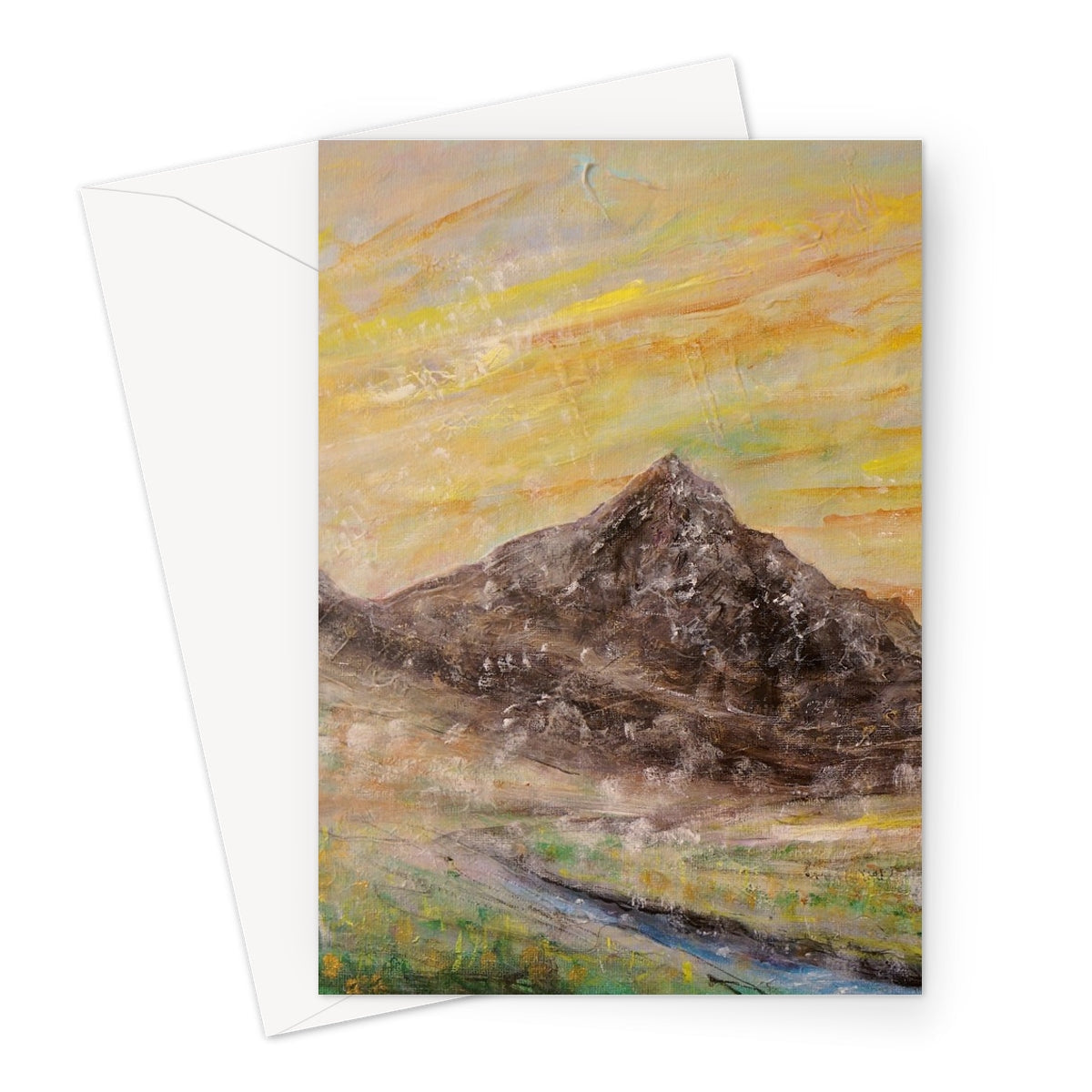 Glen Rosa Arran greeting card with impressionistic rugged mountain under warm textured sky