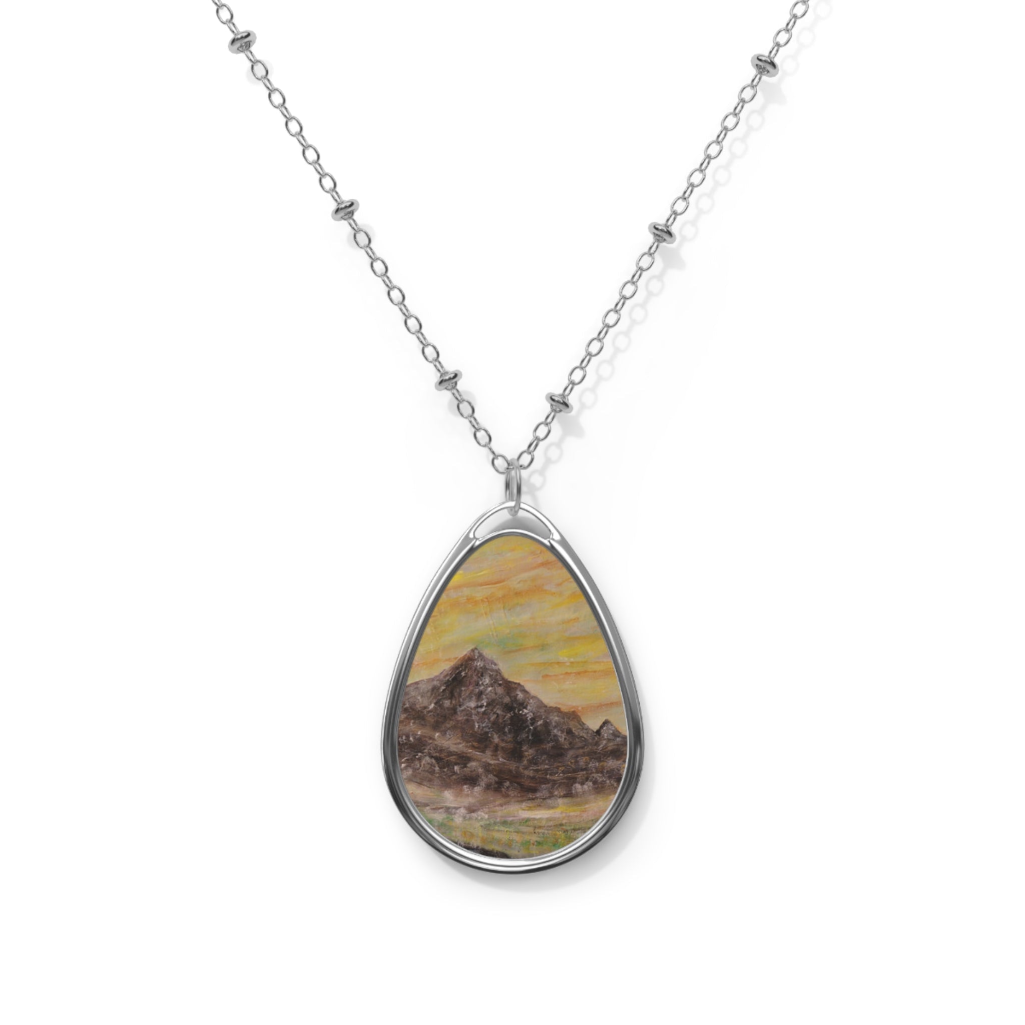Silver chain necklace with oval pendant featuring a mountain landscape painting from Glen Rosa Mist Arran Scottish Jewellery