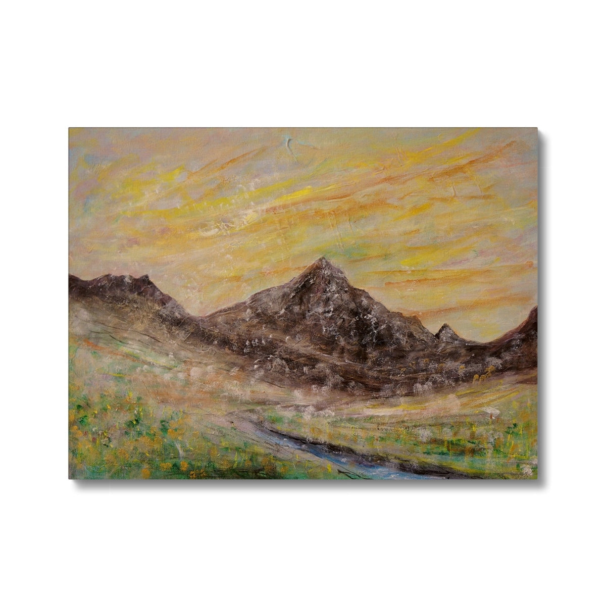 Impressionistic landscape painting of mountains and stream under vibrant sky on Glen Rosa Mist Canvas