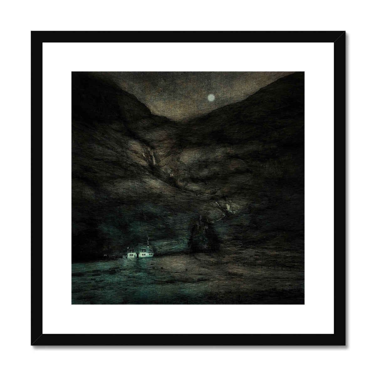 Glencoe Cottage Moonlight Art Print: black-framed boat on water under moon