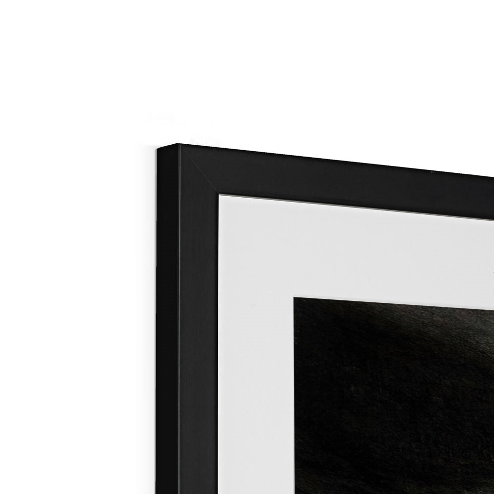 Black matte frame with white mat and dark Glencoe Cottage Moonlight print