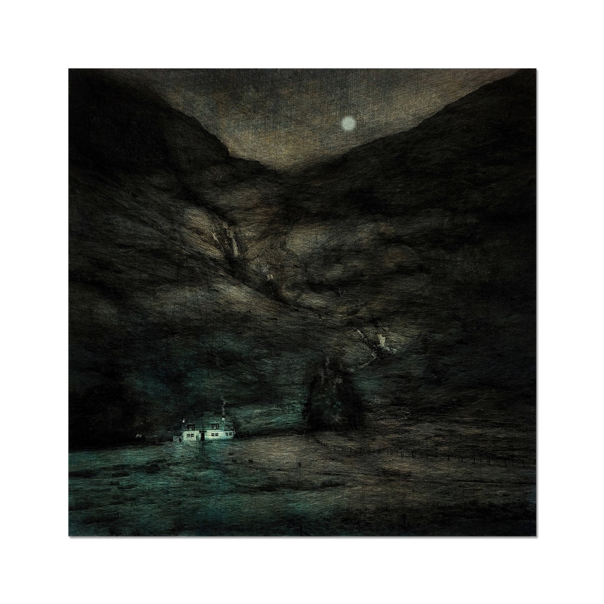 Moonlit dark cave entrance with rocky walls and boat, Glencoe Cottage print
