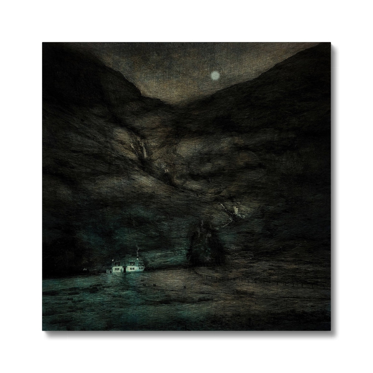Moonlit dark stone cliff wall in Glencoe Cottage print