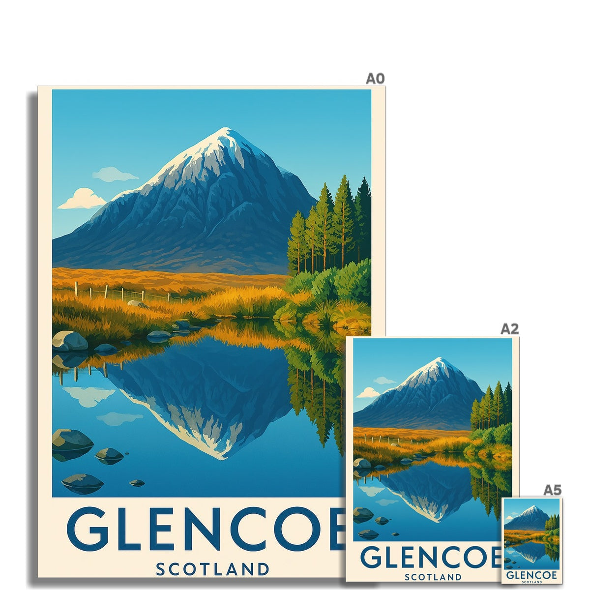 Glencoe Scotland poster of mountain reflection in water with blue sky and green trees, fine art print