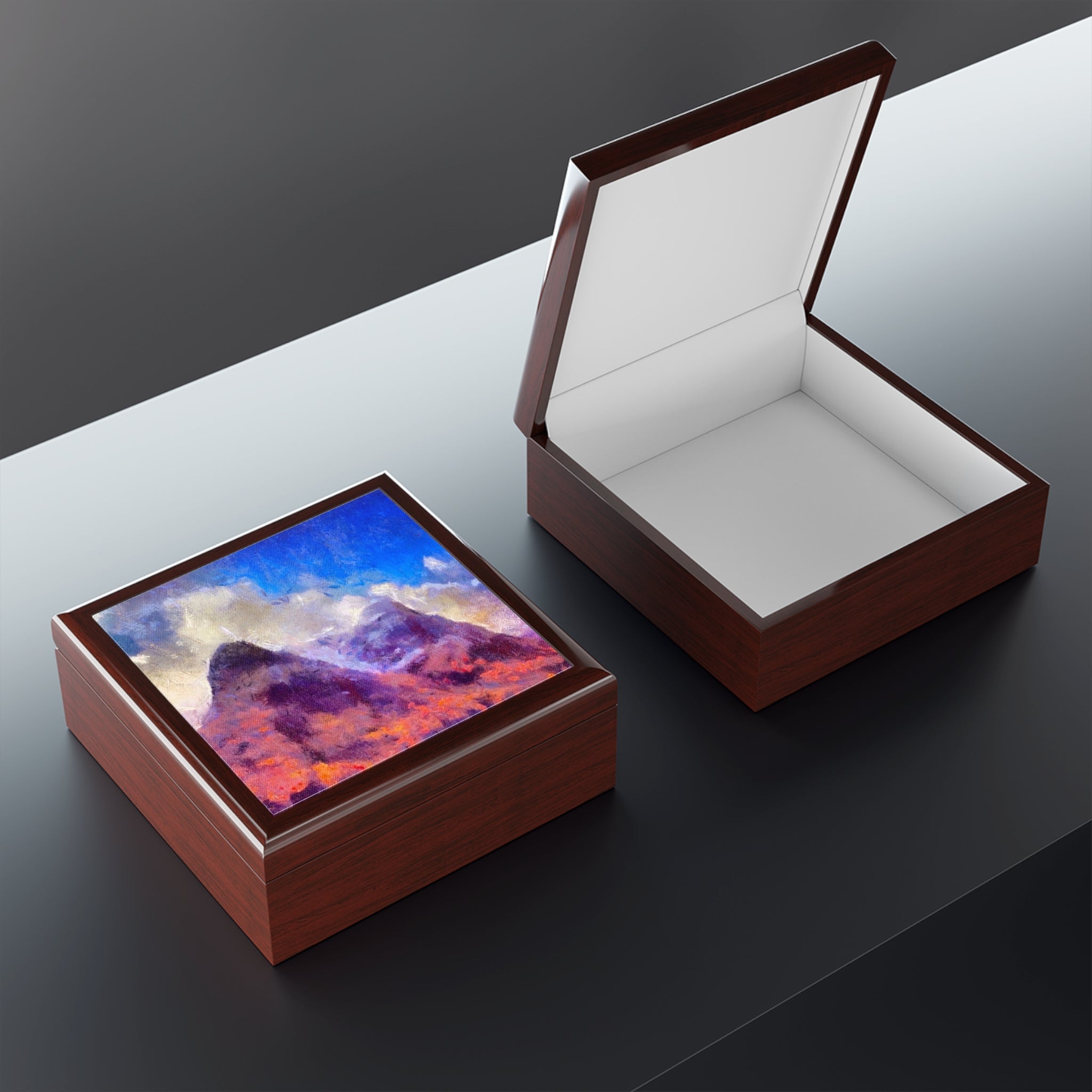 Glencoe brown leather jewellery box with Scottish mountain design