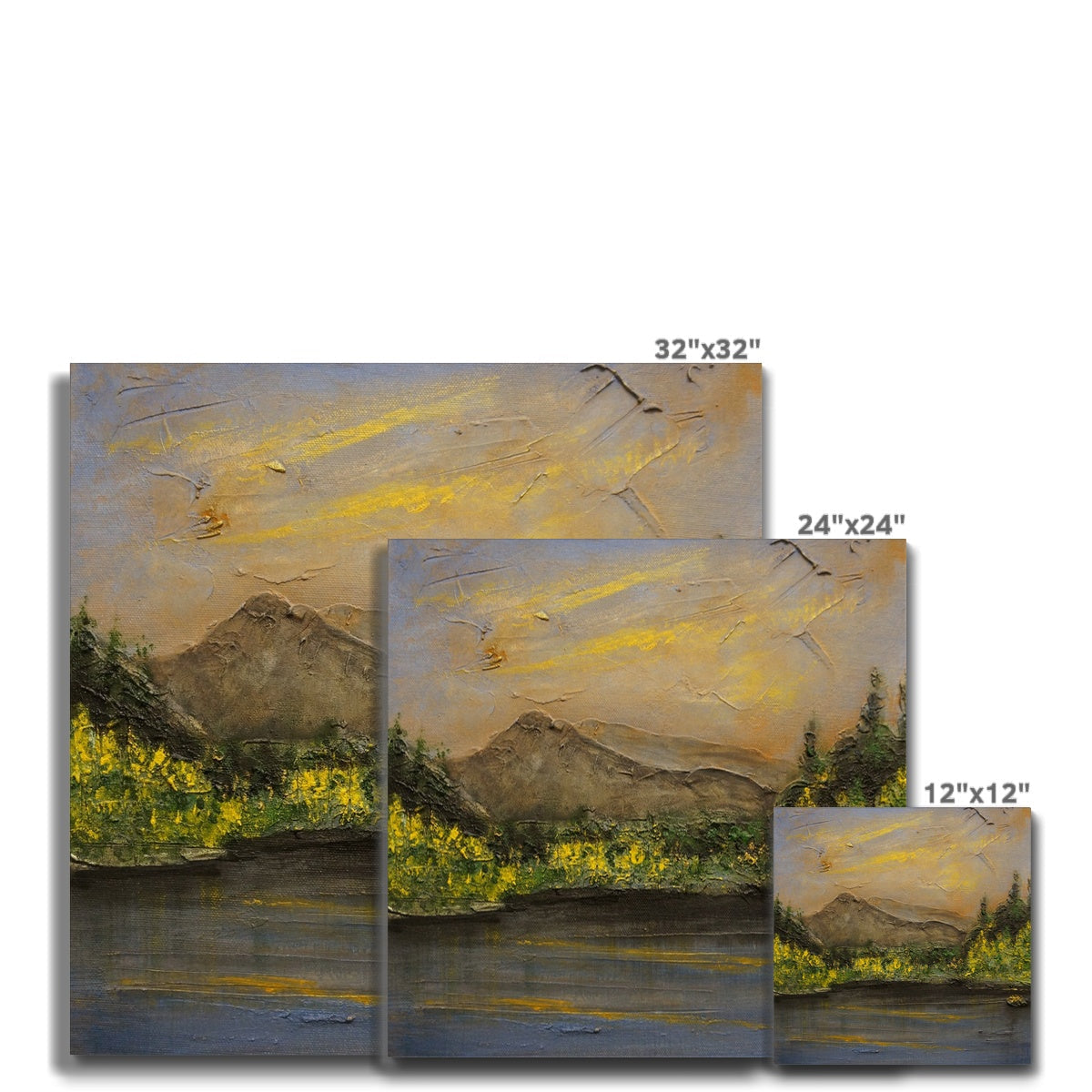 32x32 inch canvas print of The Glencoe Lochan mountain landscape with golden clouds and green trees