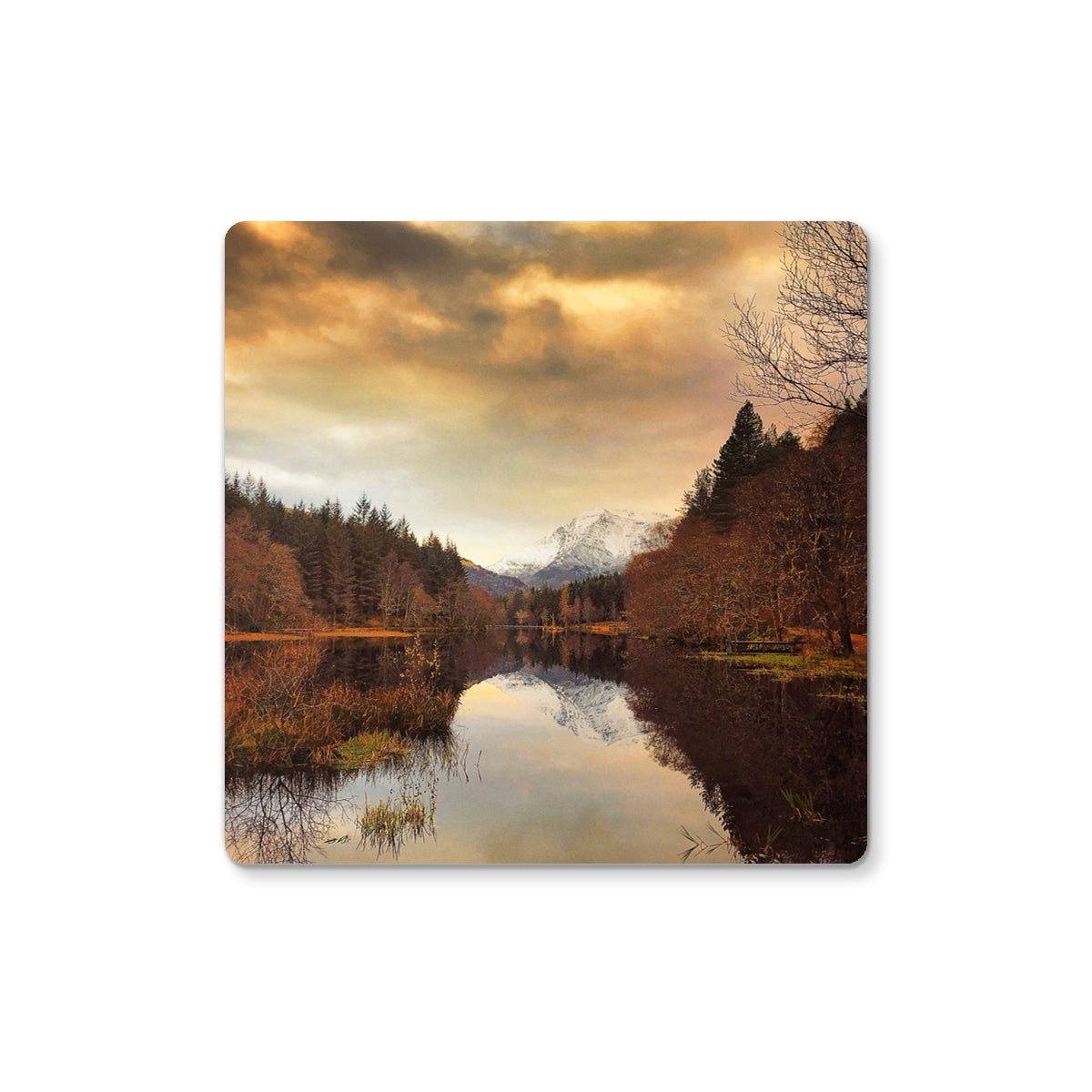 Glencoe Lochan Dusk coaster with golden sunset landscape and reflective water in brown wooden frame