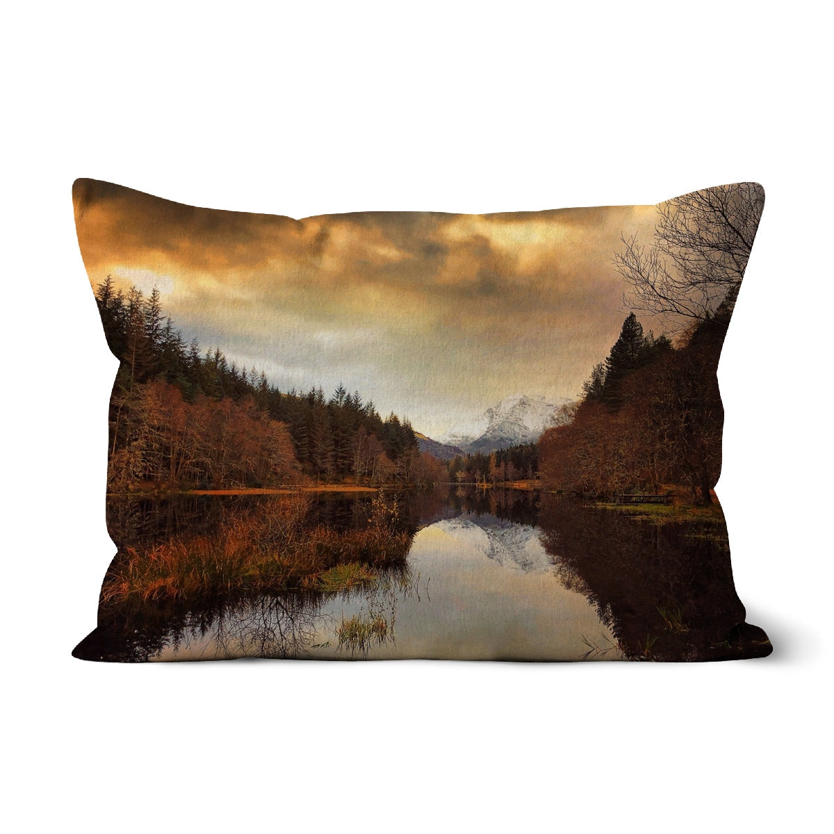 20x30 inch Glencoe Lochan Dusk Cushion with serene forest and water scene