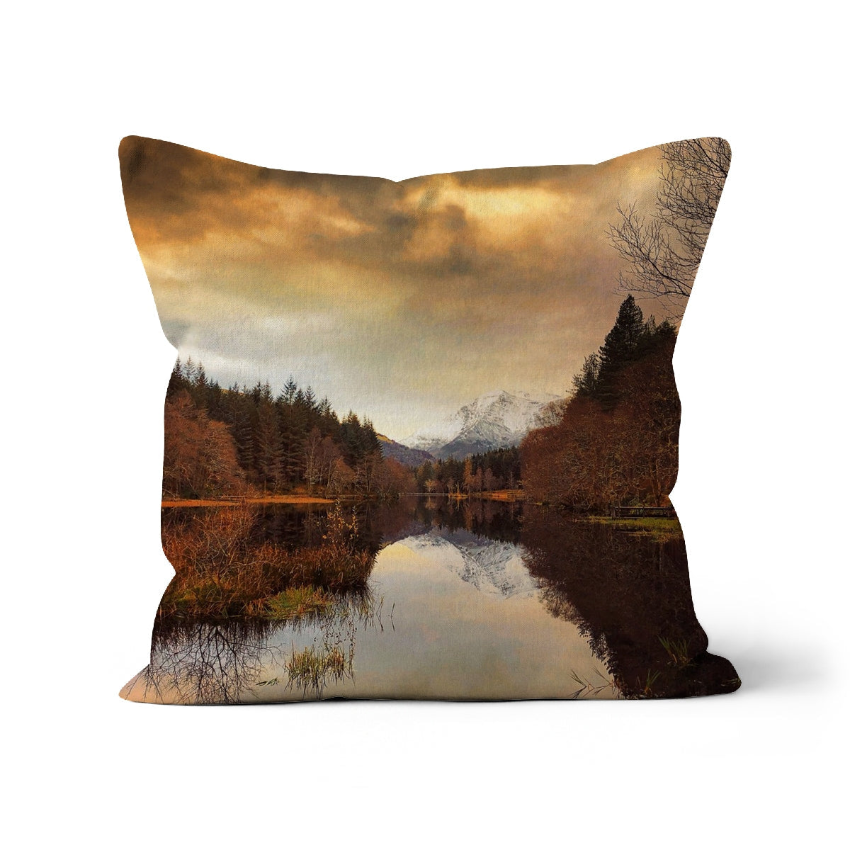 Golden sunset landscape throw pillow with reflective water and forest scene