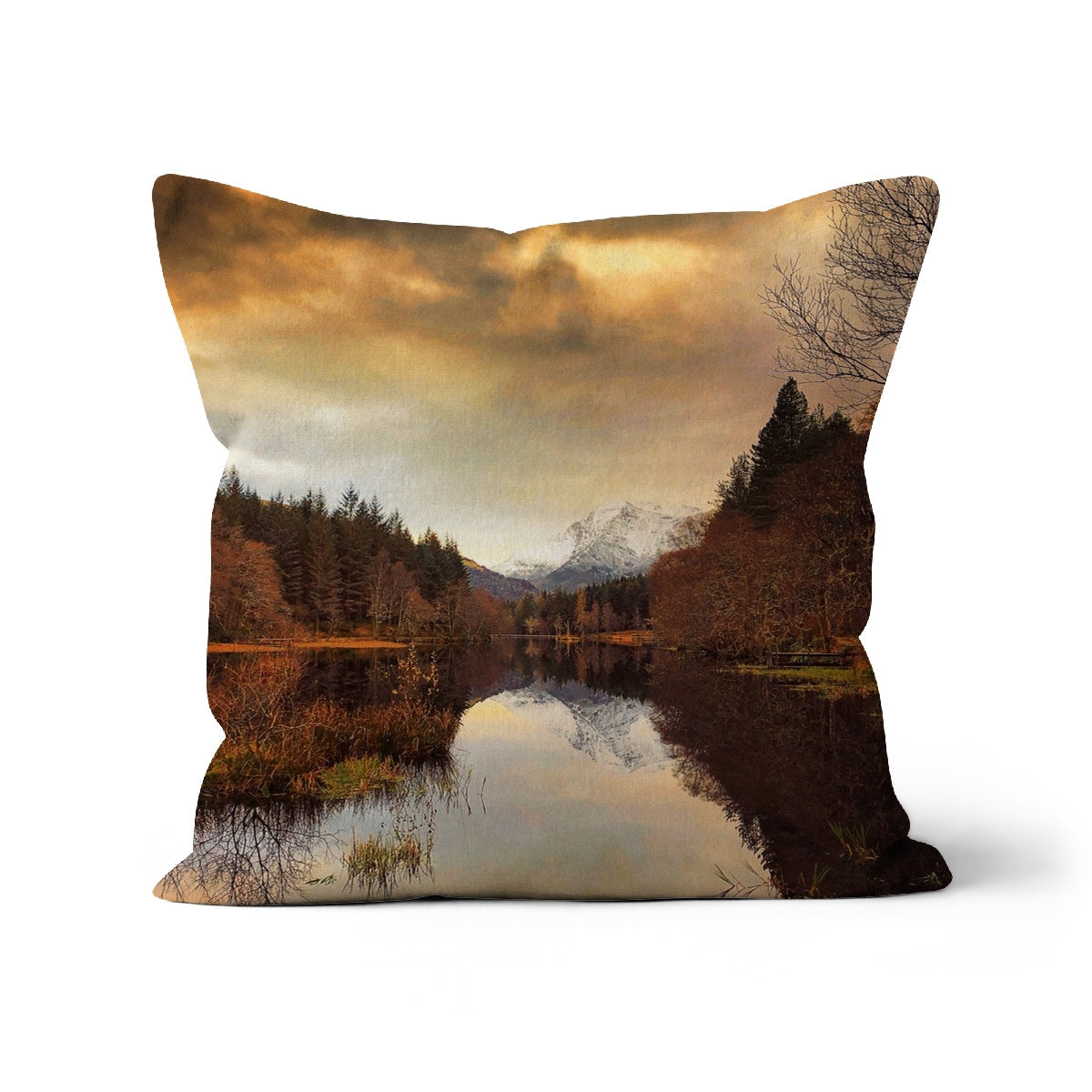 Glencoe Lochan Dusk 18x18 inch cushion cover with serene golden brown landscape reflection