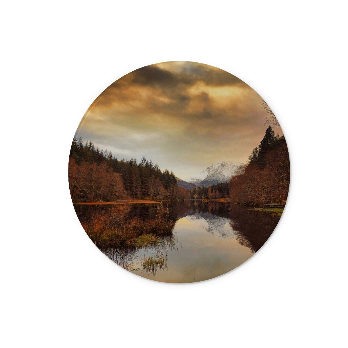 Round wooden Glencoe Lochan Dusk coaster with autumnal landscape