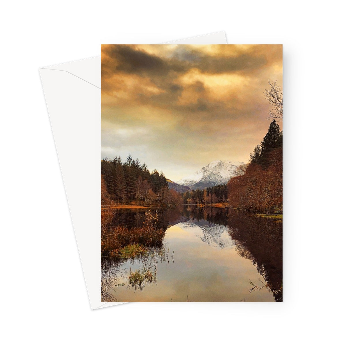 Golden sunset over Glencoe Lochan lake greeting card