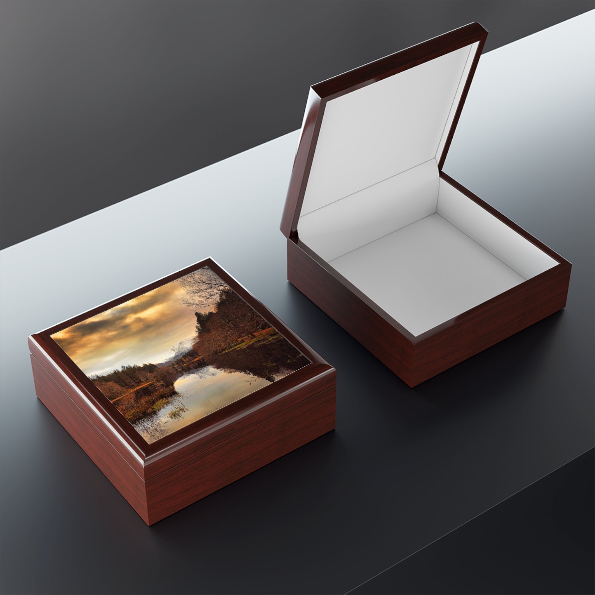 Glencoe Lochan Dusk square wooden jewelry box with glossy dark brown finish and scenic lid print