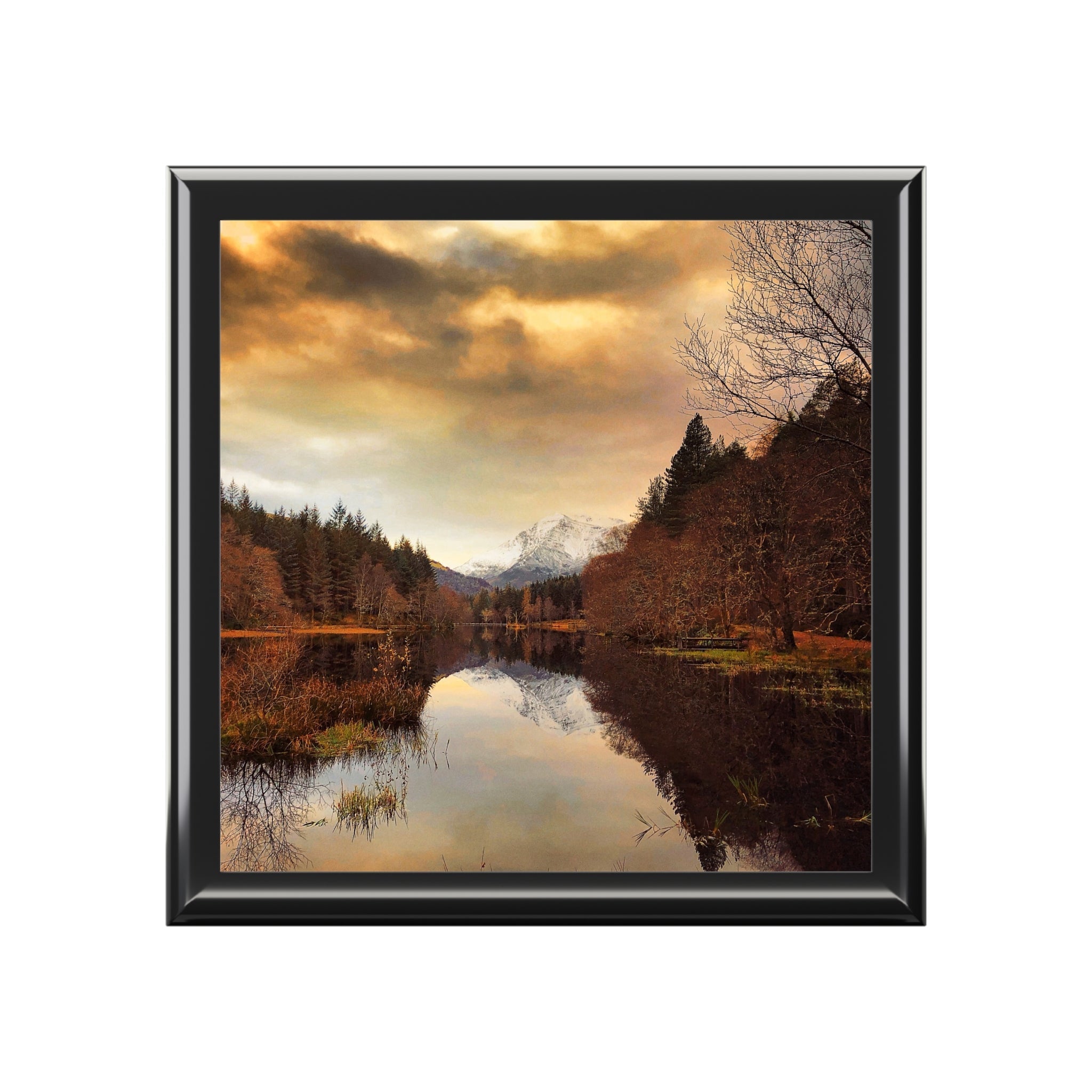 Black-framed square print of serene Glencoe Lochan dusk lake with autumn trees, Scotland