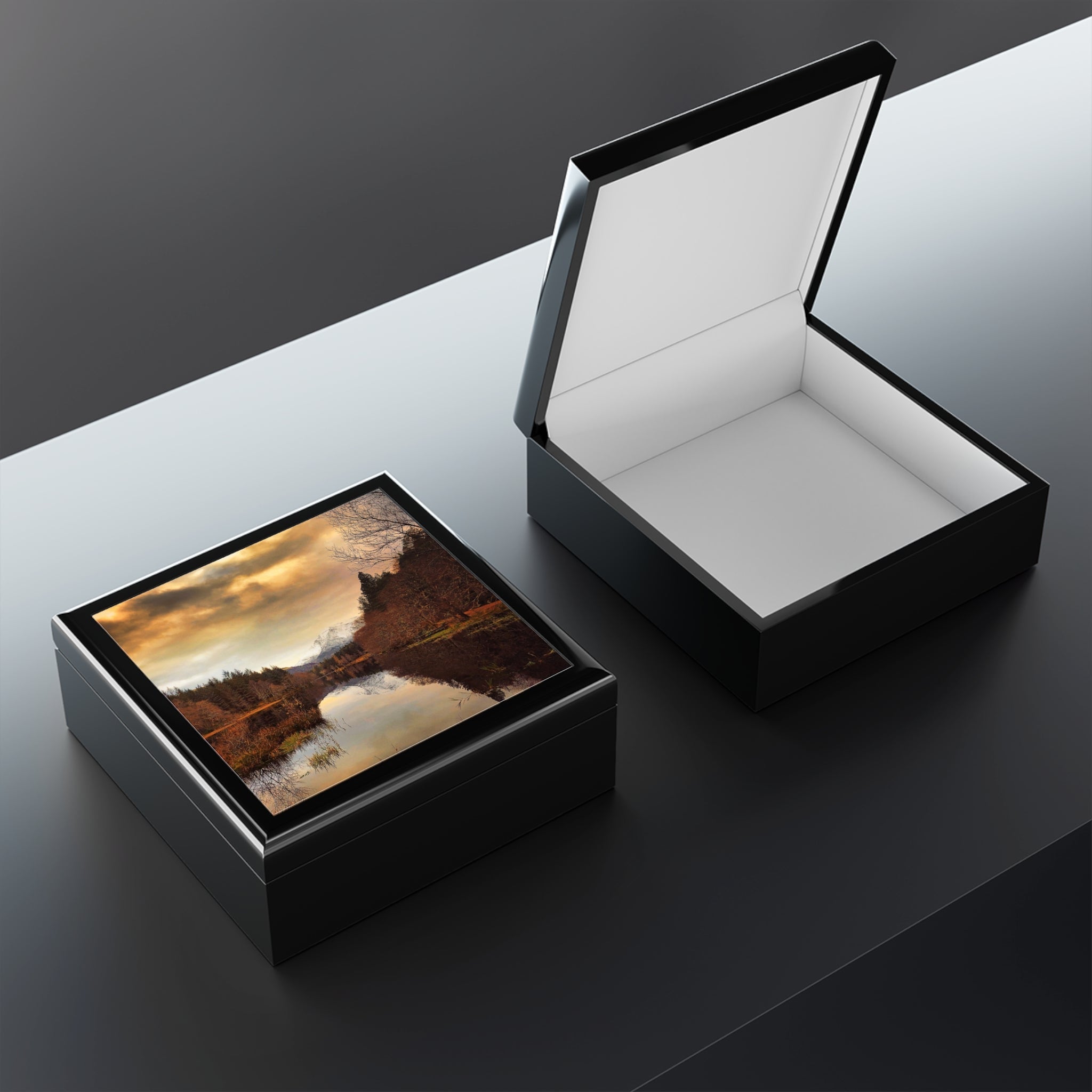 Glencoe Lochan Dusk jewelry box with autumn river lid print