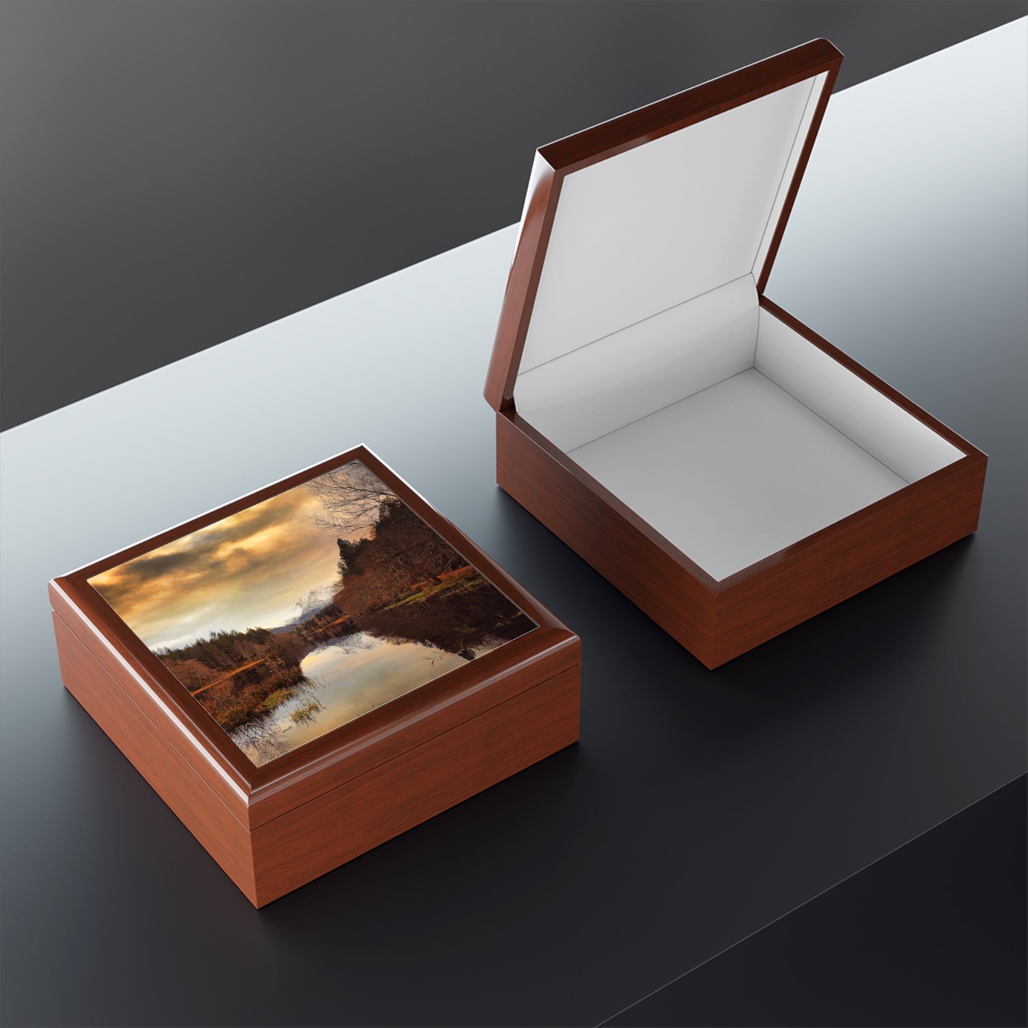 Glencoe Lochan Dusk jewellery box with river landscape lid