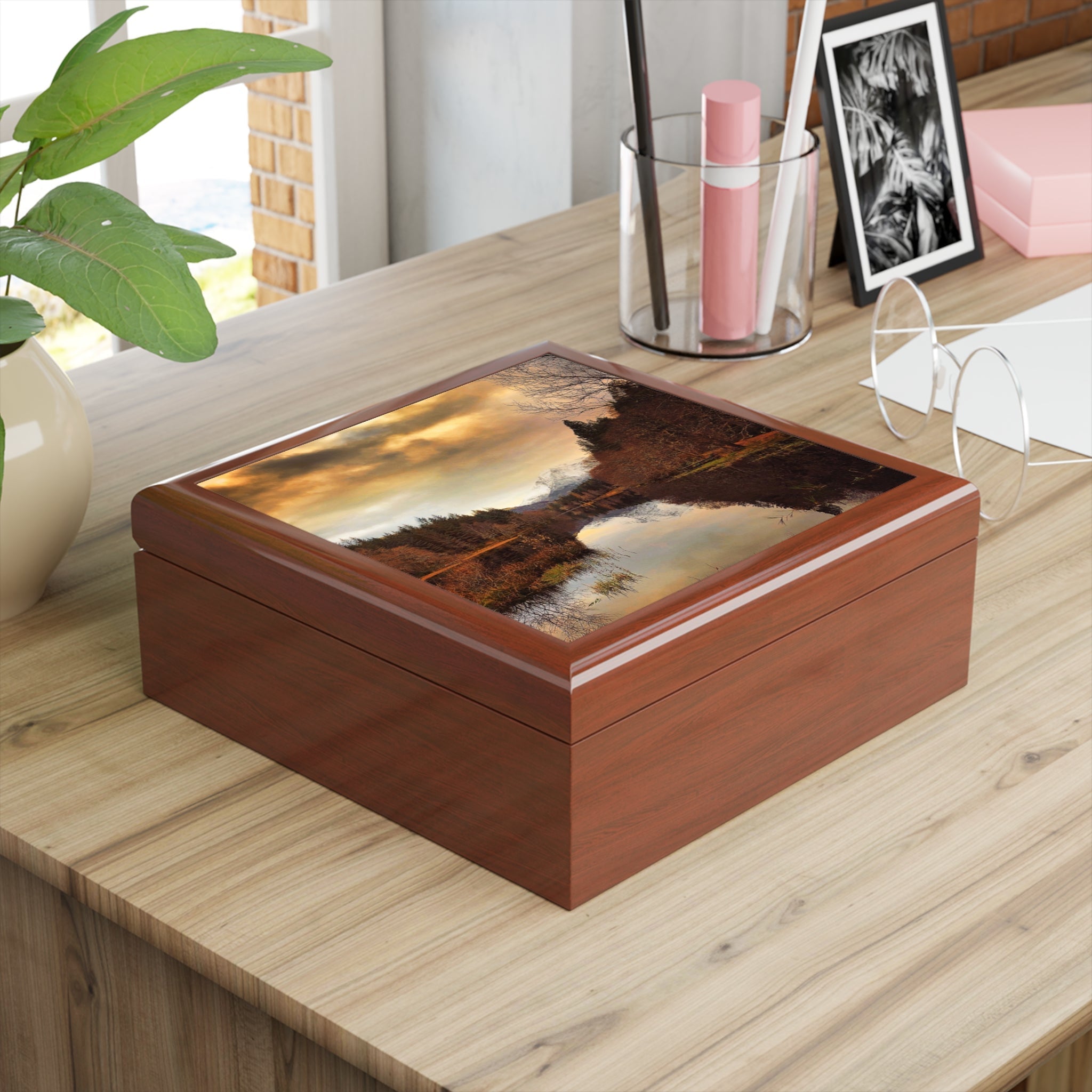 Glencoe Lochan Dusk jewelry box with autumn trees lid scene