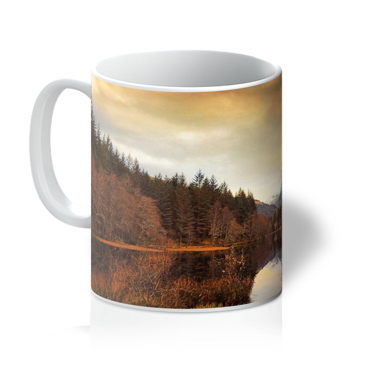 Glencoe Lochan Dusk ceramic mug with forest scene, white handle and rim
