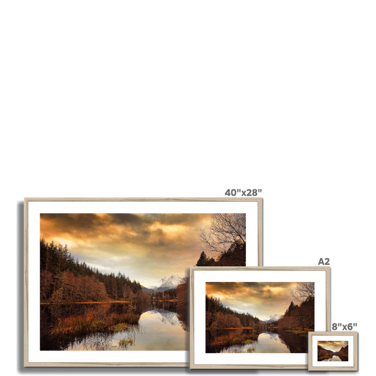 40x28 inch framed Glencoe Lochan Dusk print with golden sunset over water and forest