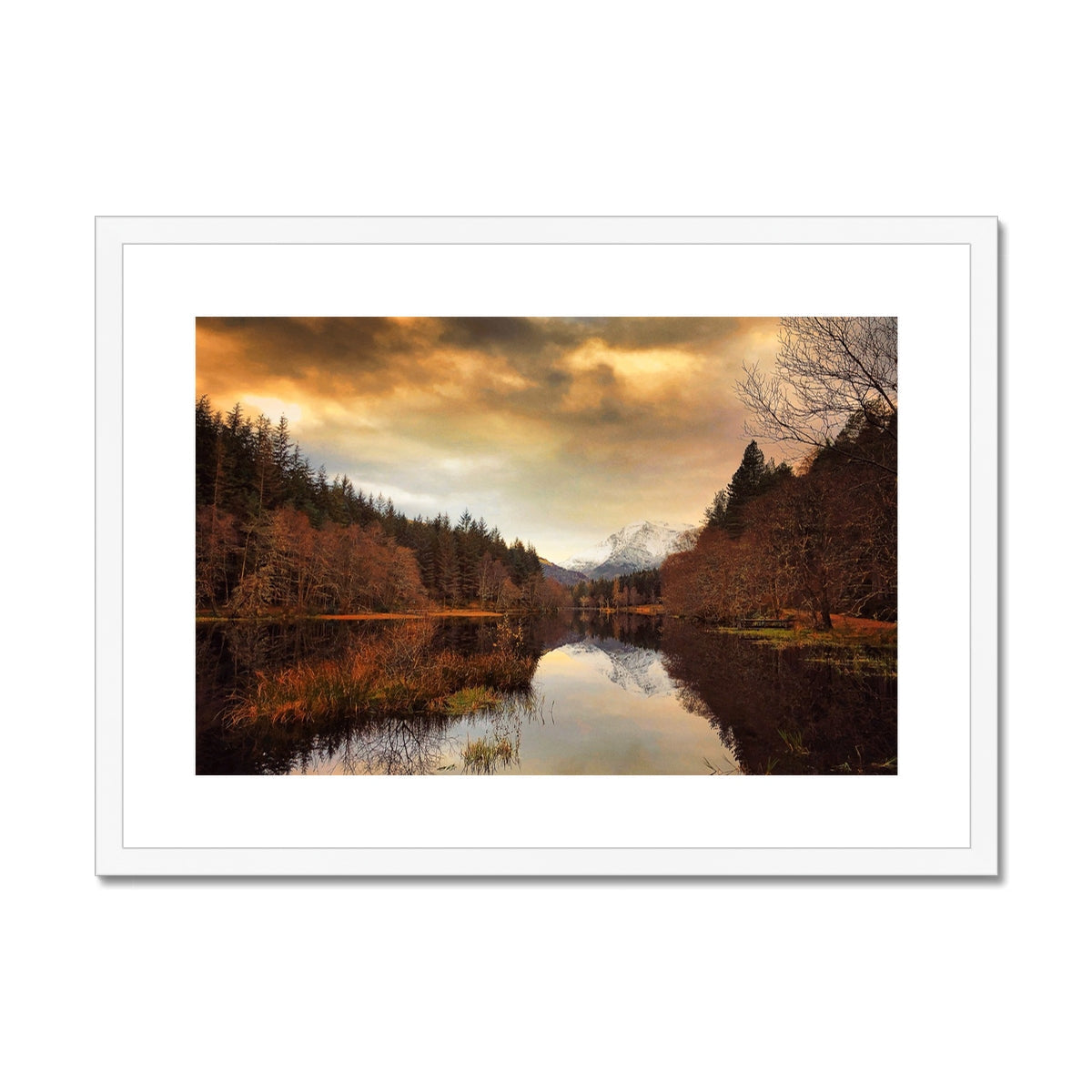 White framed Glencoe Lochan Dusk print of serene river and autumn trees