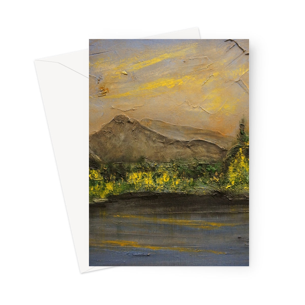 Yellow and gray abstract landscape greeting card with textured paint effect