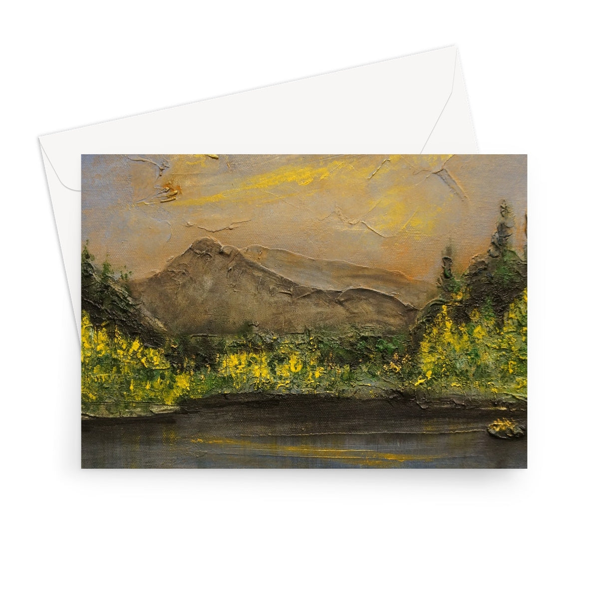 The Glencoe Lochan greeting card: textured mountain landscape with yellow flowers and green trees