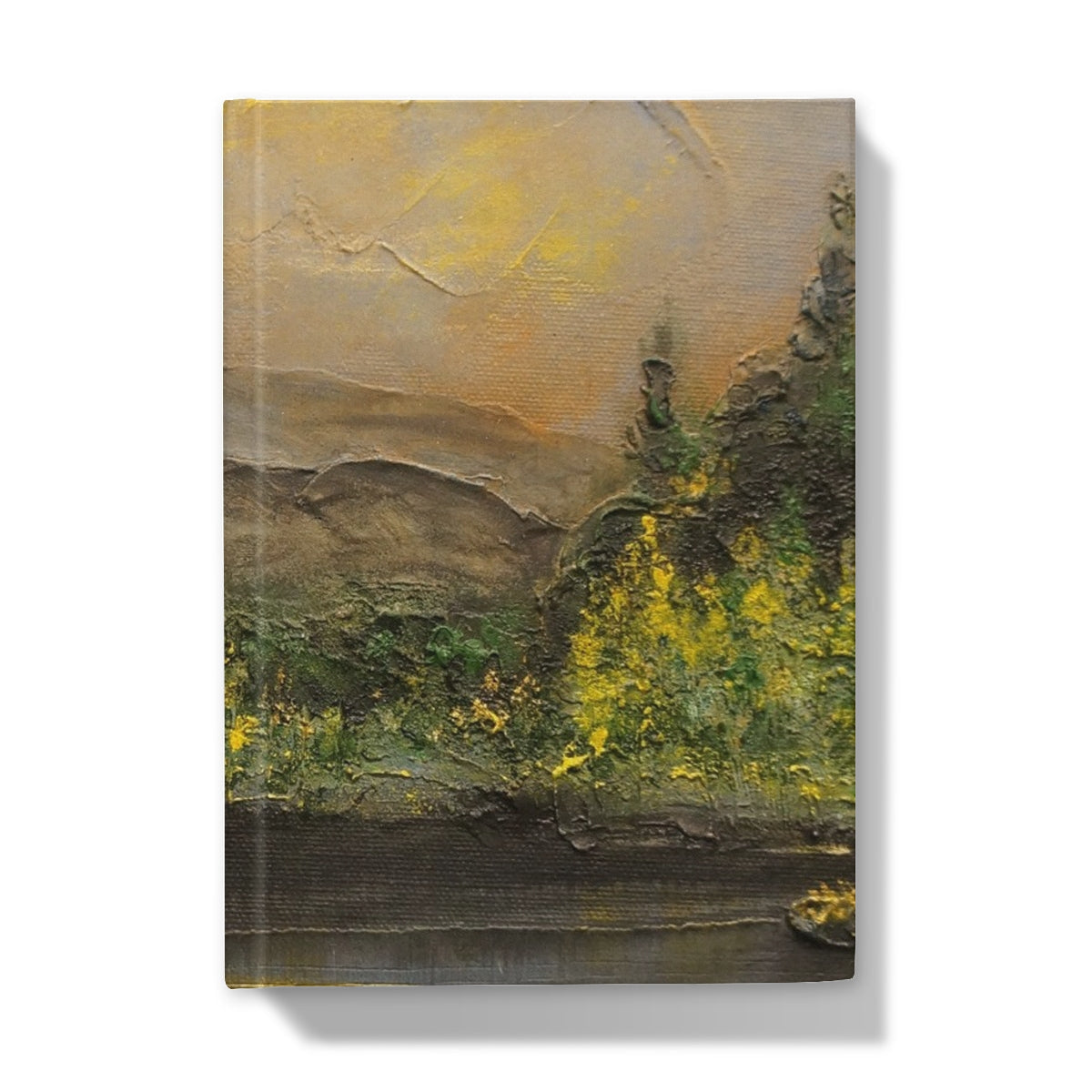 Yellow green abstract landscape painting on Glencoe Lochan journal