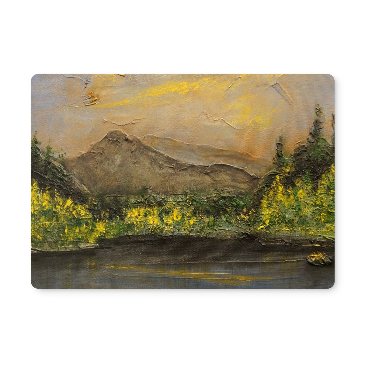 The Glencoe Lochan Placemat: vibrant yellow orange mountain landscape painting