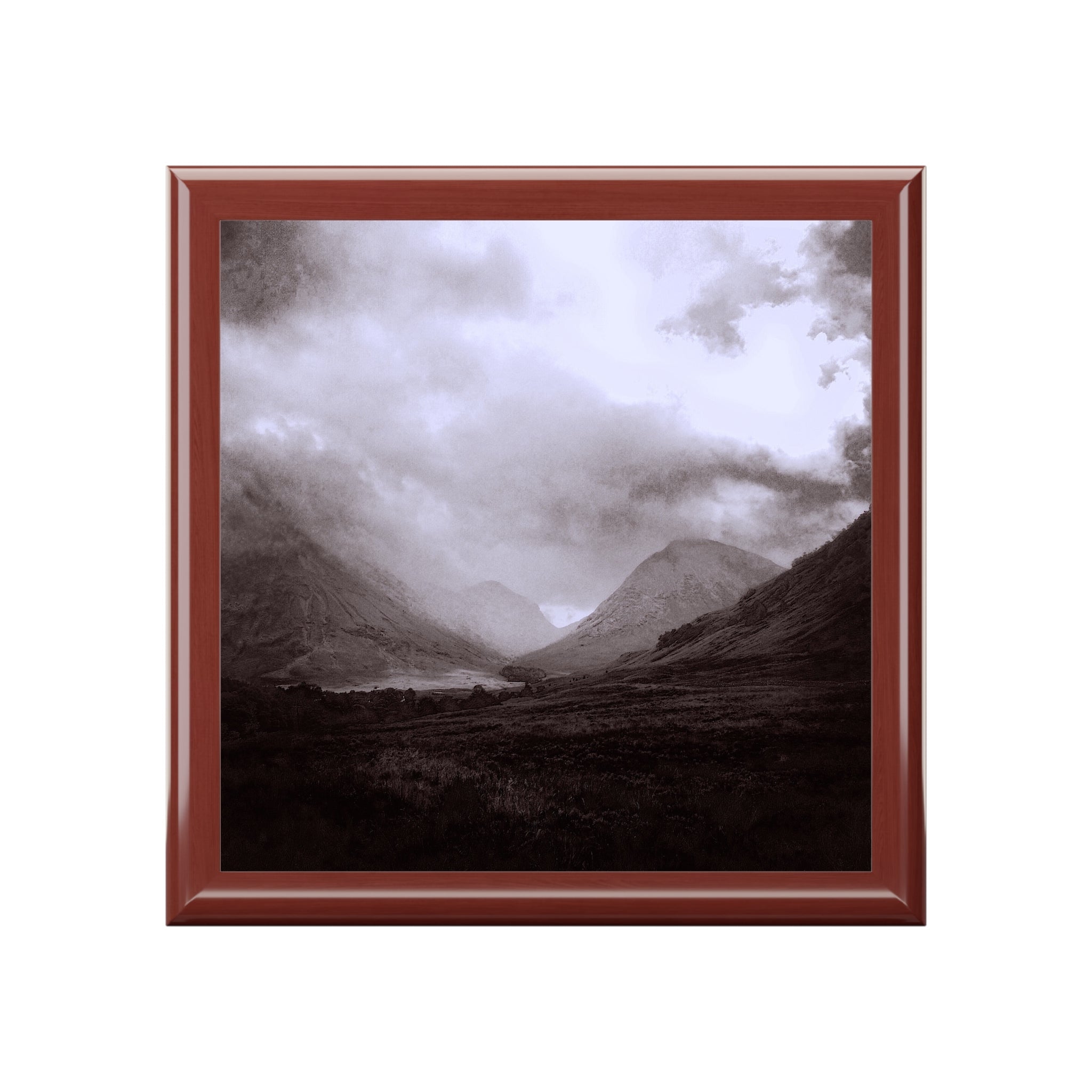 Framed black and white photograph of misty Glencoe mountain landscape for Scotland jewelry box