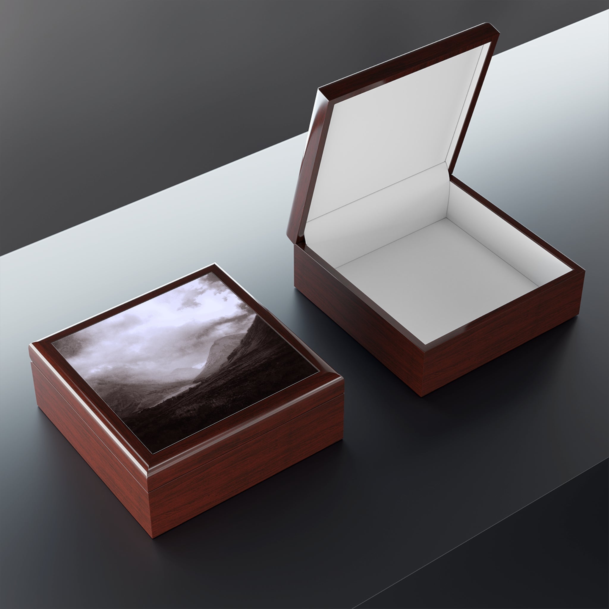 Two brown Glencoe Mist jewellery keepsake boxes with scenic landscape lids and white interiors