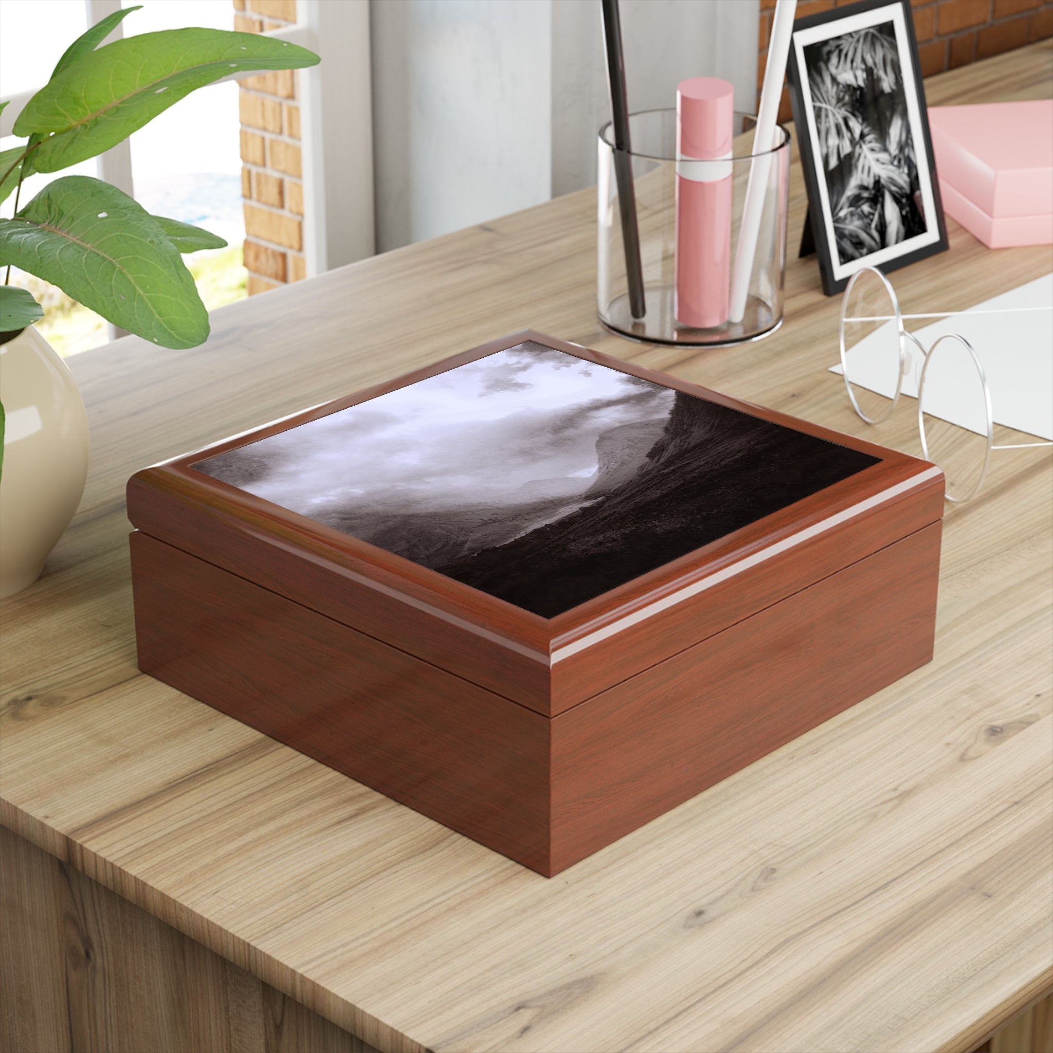 Cherry wood keepsake box with black and white Mountain Landscape lid for Glencoe Mist jewelry storage