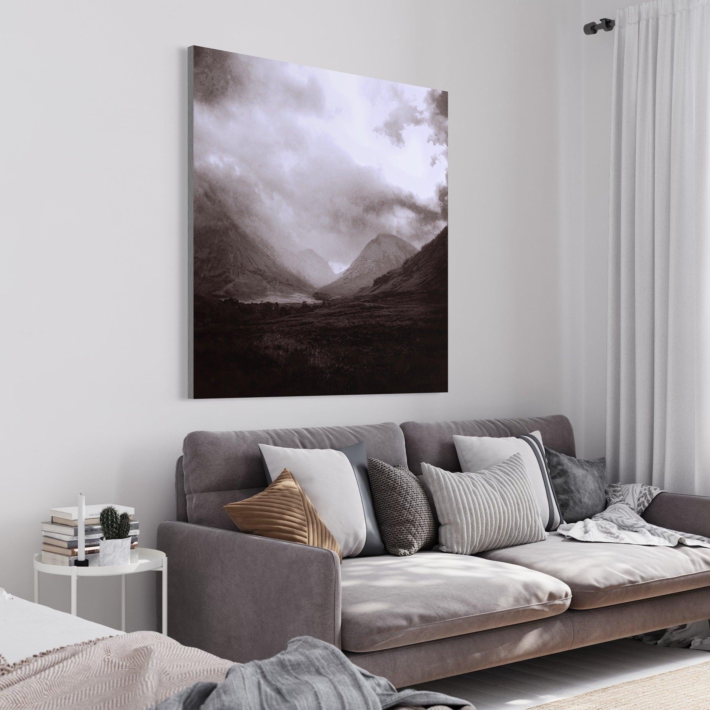 Monochromatic mountain landscape canvas artwork for Scottish interior wall decor