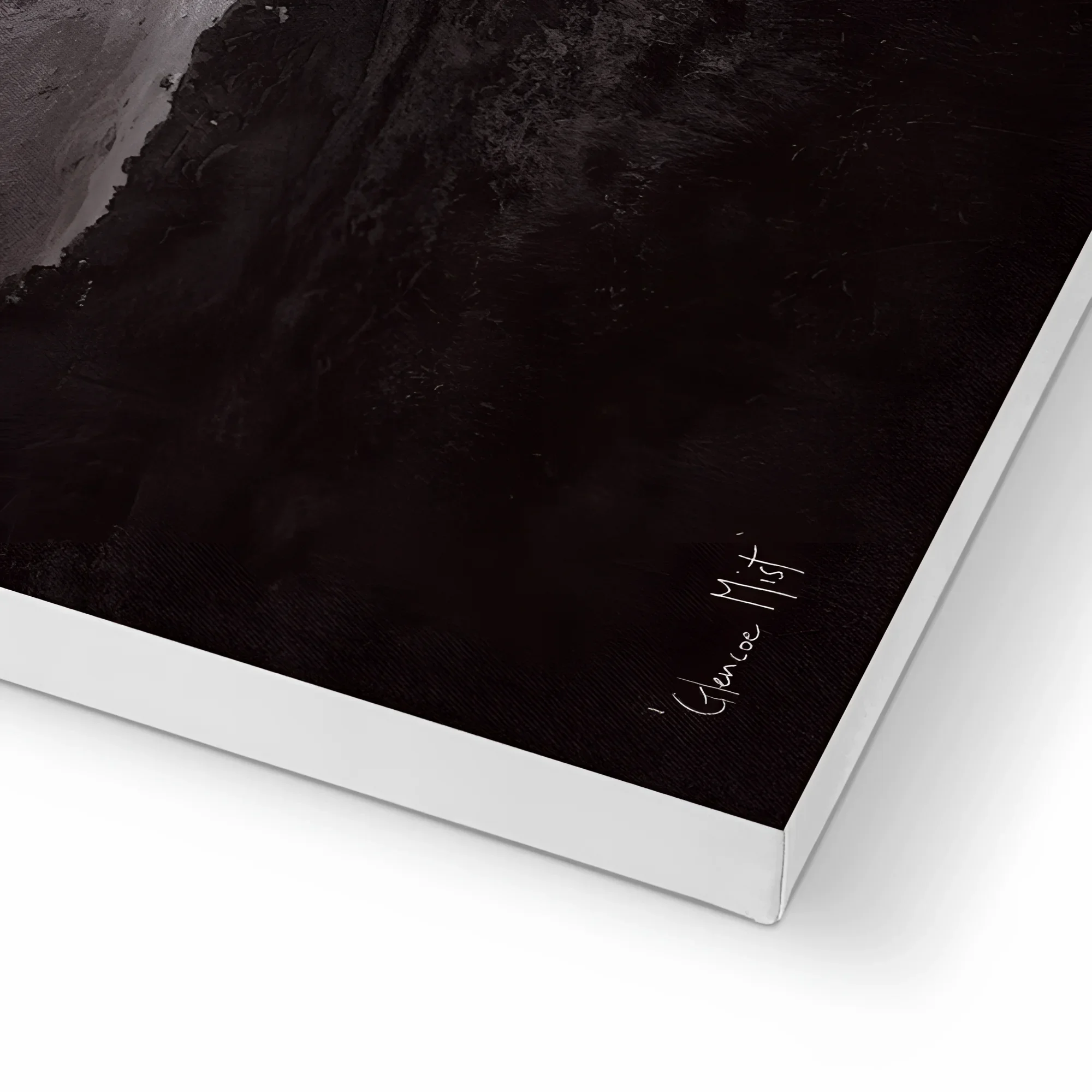 Dark canvas artwork with white border from Glencoe Mist Scottish Wall Art collection
