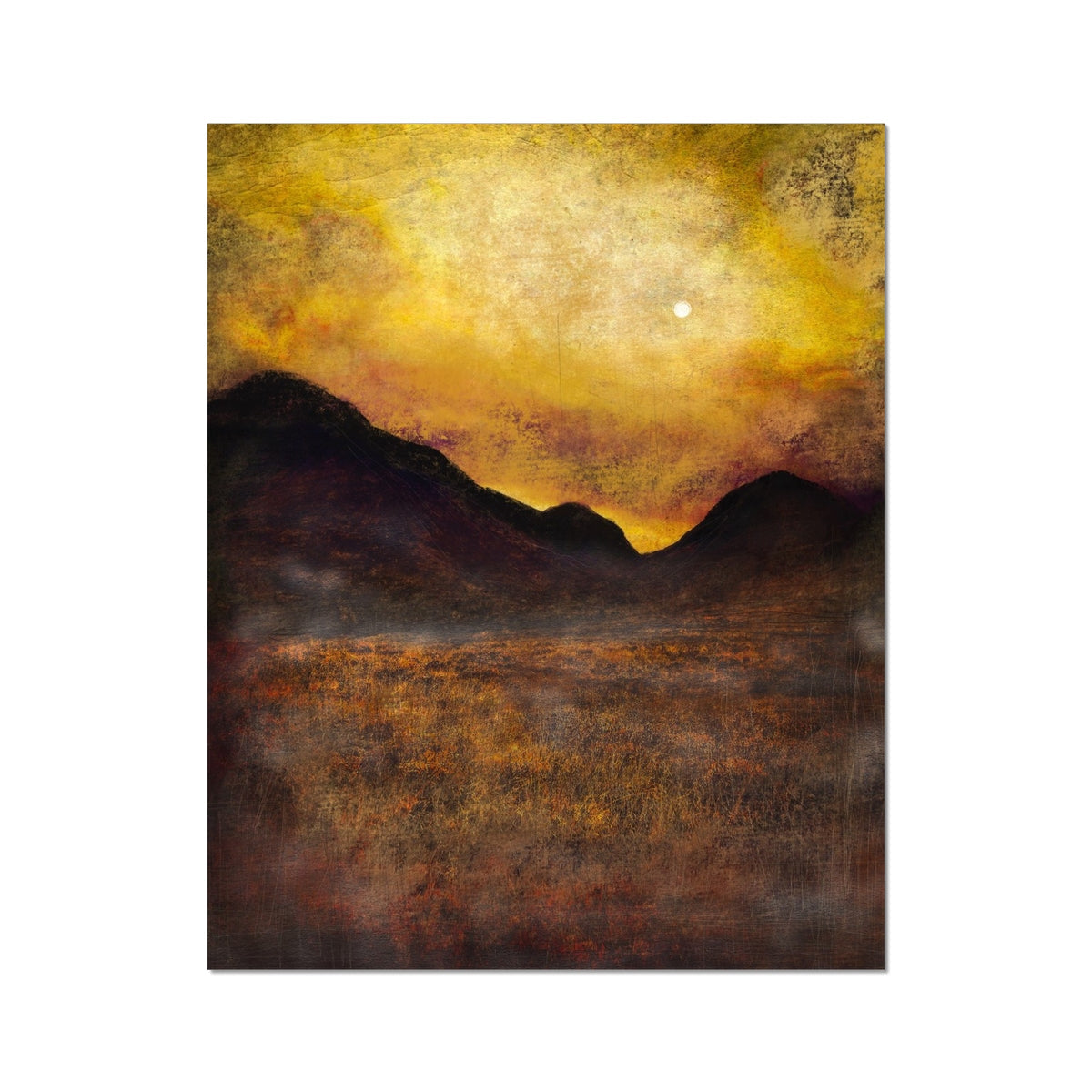 Abstract mountainous landscape painting with vibrant orange sky and solitary moon in Glencoe Moonlight Artist Proof Collector Print
