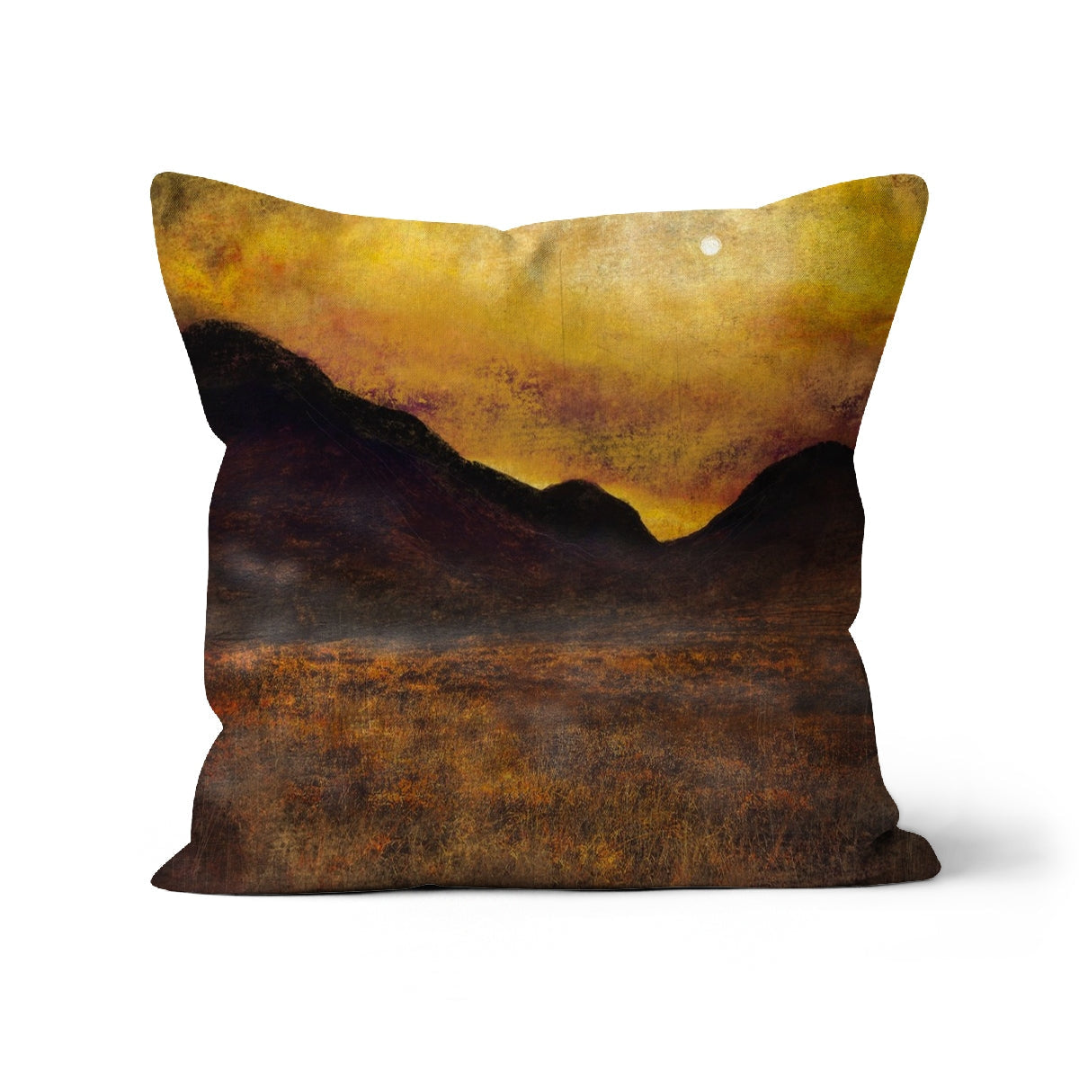 Glencoe Moonlight Cushion in yellow and brown fabric with mountain design