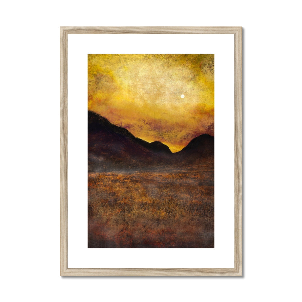 Framed Glencoe Moonlight print of sunset over mountains and a field