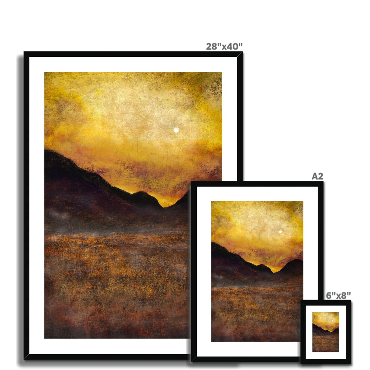 Three framed landscape paintings of a golden sunset over mountains and fields for Glencoe Moonlight print