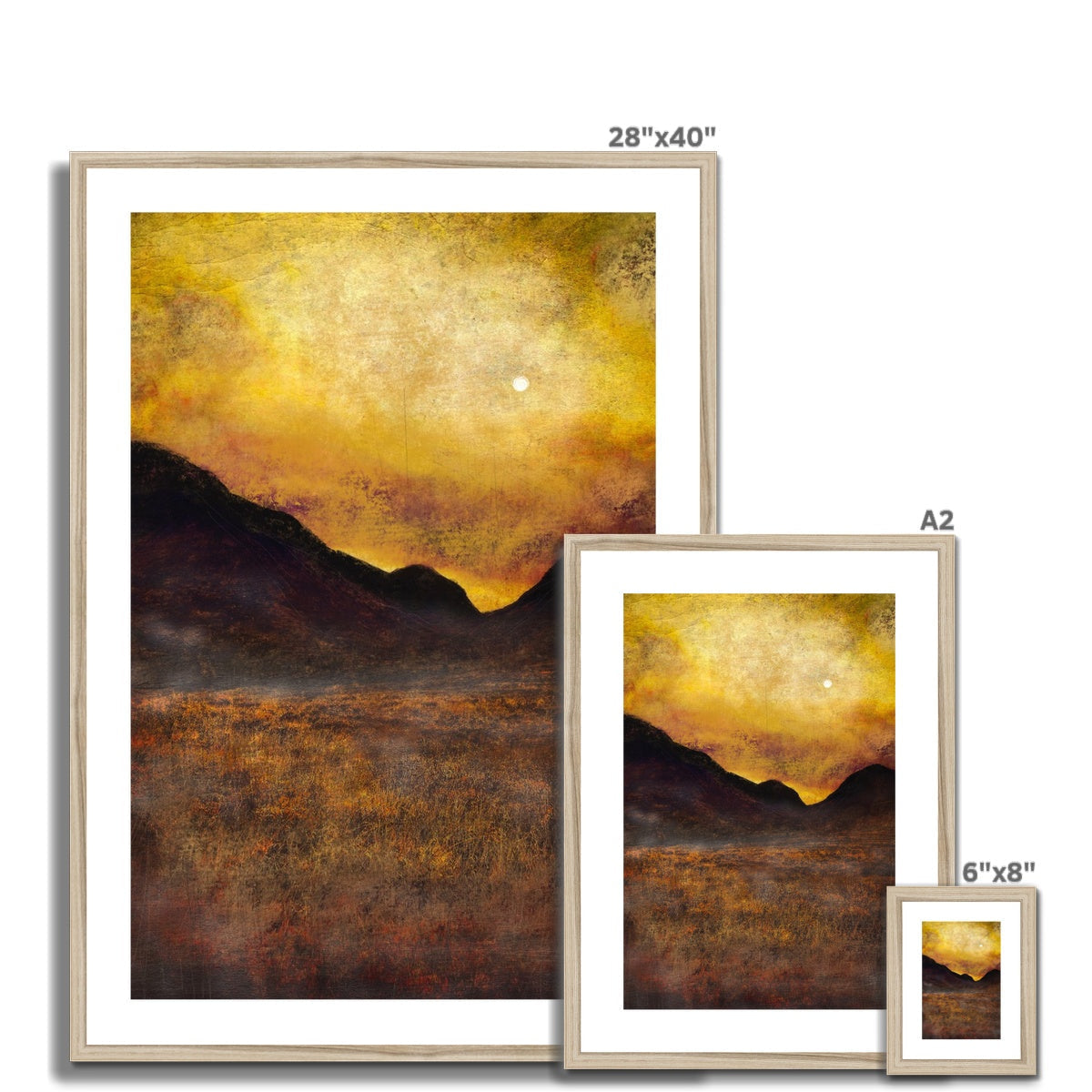 Set of three framed abstract landscape prints featuring golden skies, white moons, and dark mountains