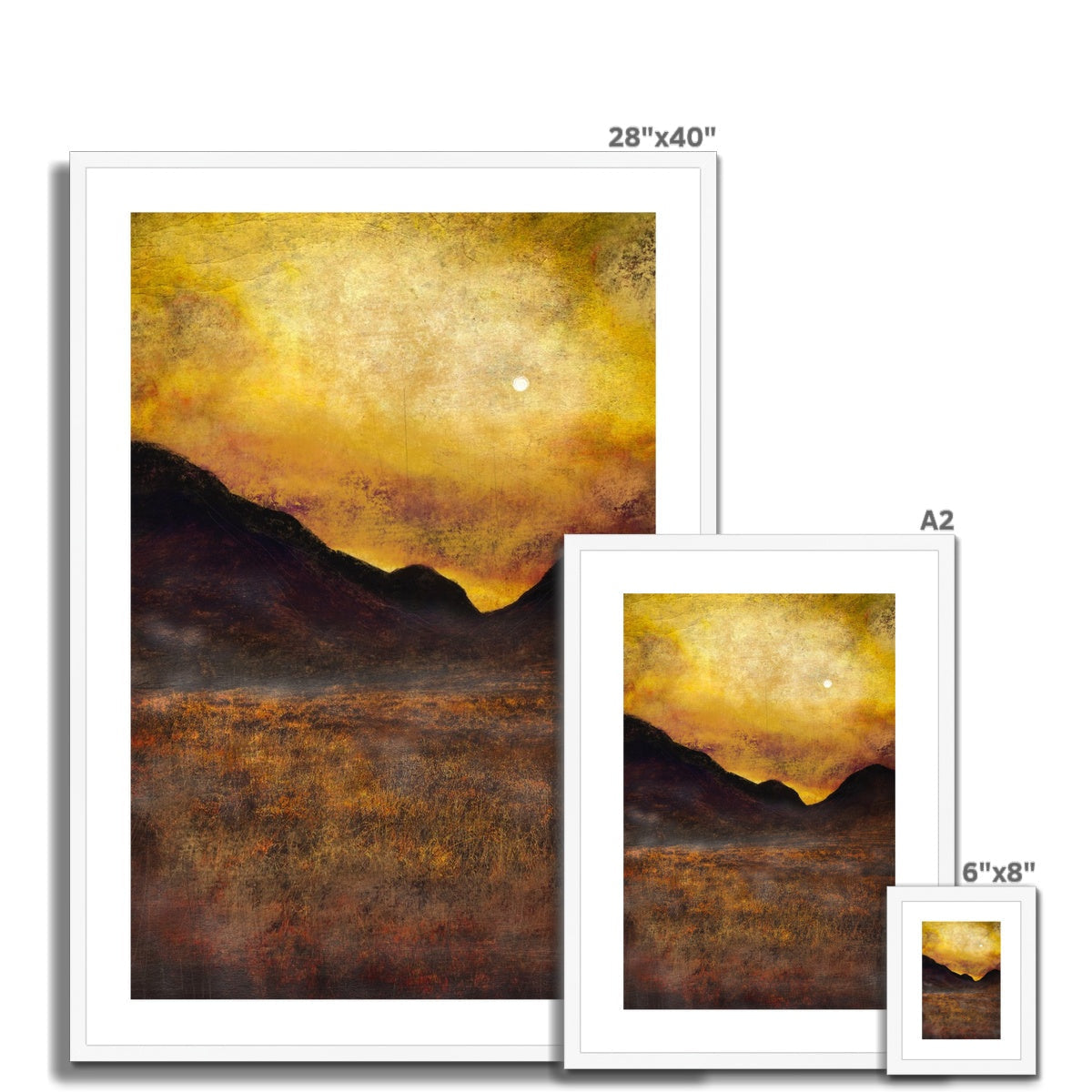 Set of three framed landscape artworks with golden sky, dark mountains, and textured foreground