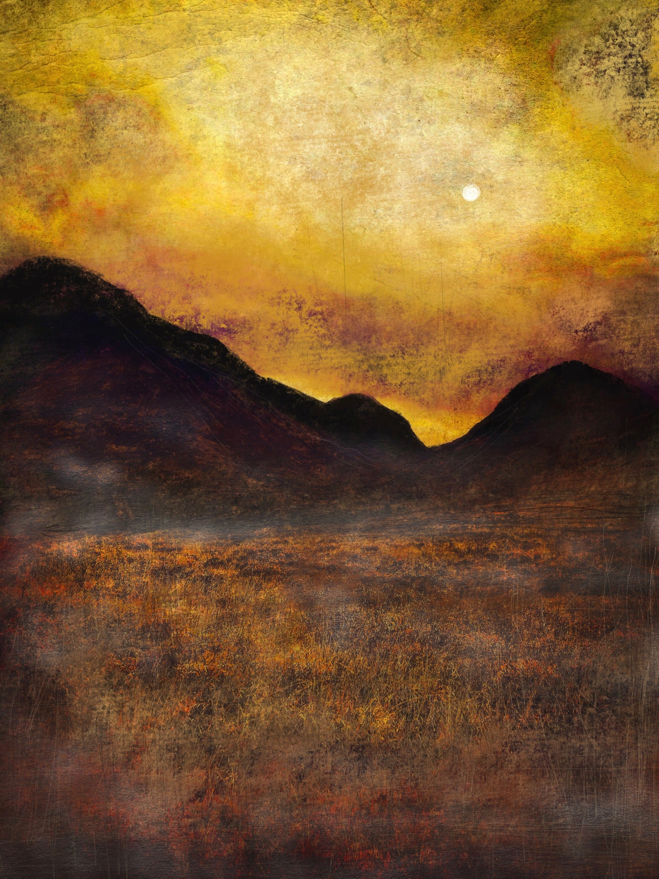 Abstract landscape painting with golden sky displayed in Glencoe Moonlight Original Painting