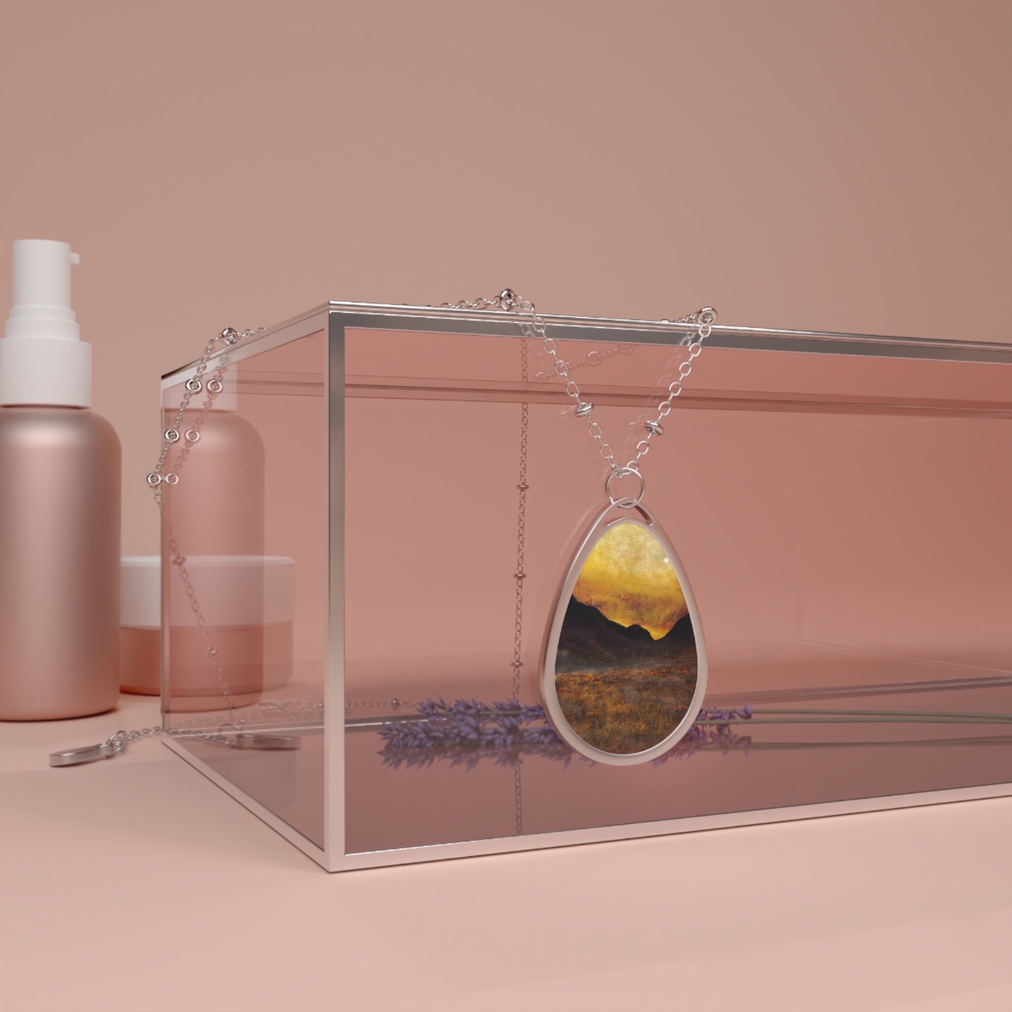 Silver tear-drop pendant with yellow and dark brown Scottish landscape design for Glencoe Moonlight necklace