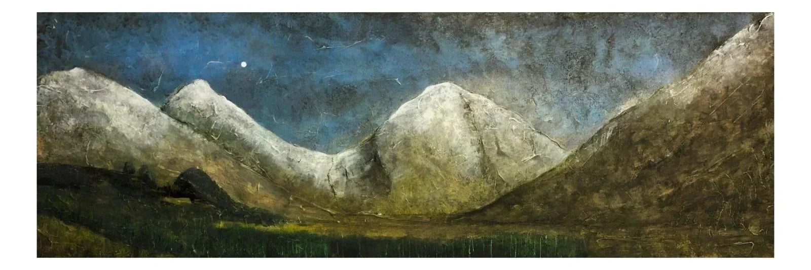 Glencoe Moonlit Snow panoramic painting of white mountains under starry blue sky