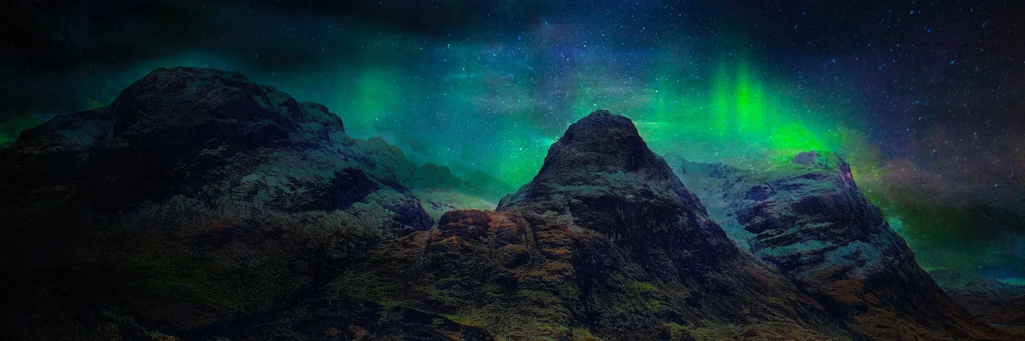 Glencoe Northern Lights panoramic painting of green aurora over rocky landscape
