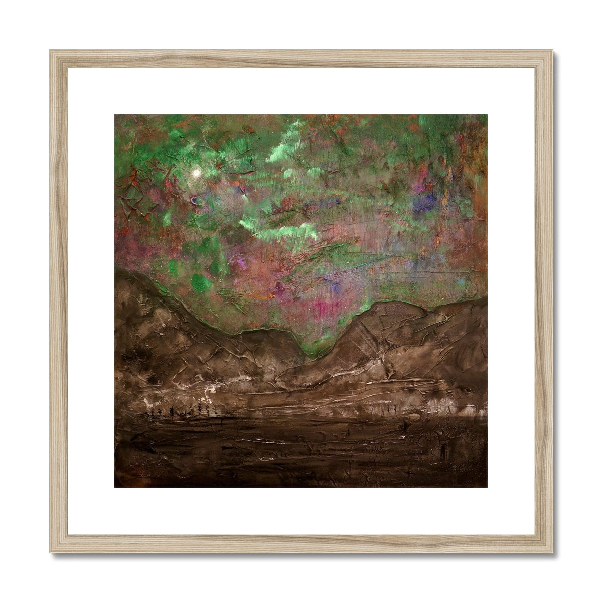 Glencoe Northern Sky abstract art print in green and pink with wooden frame