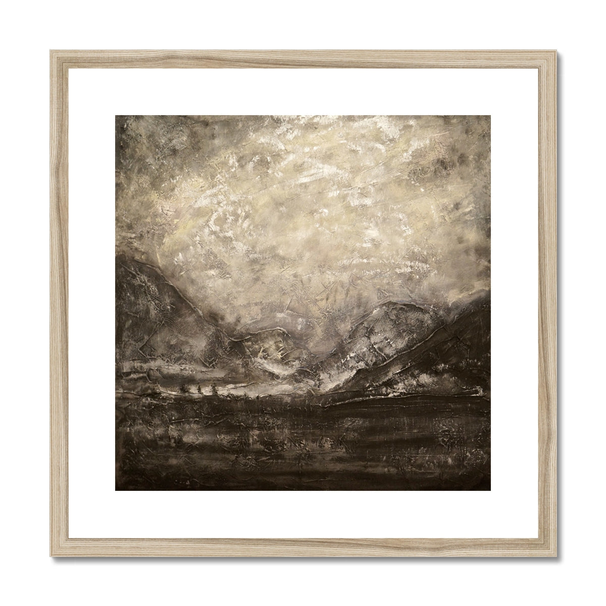 Framed beige black abstract landscape painting with textured brushstrokes