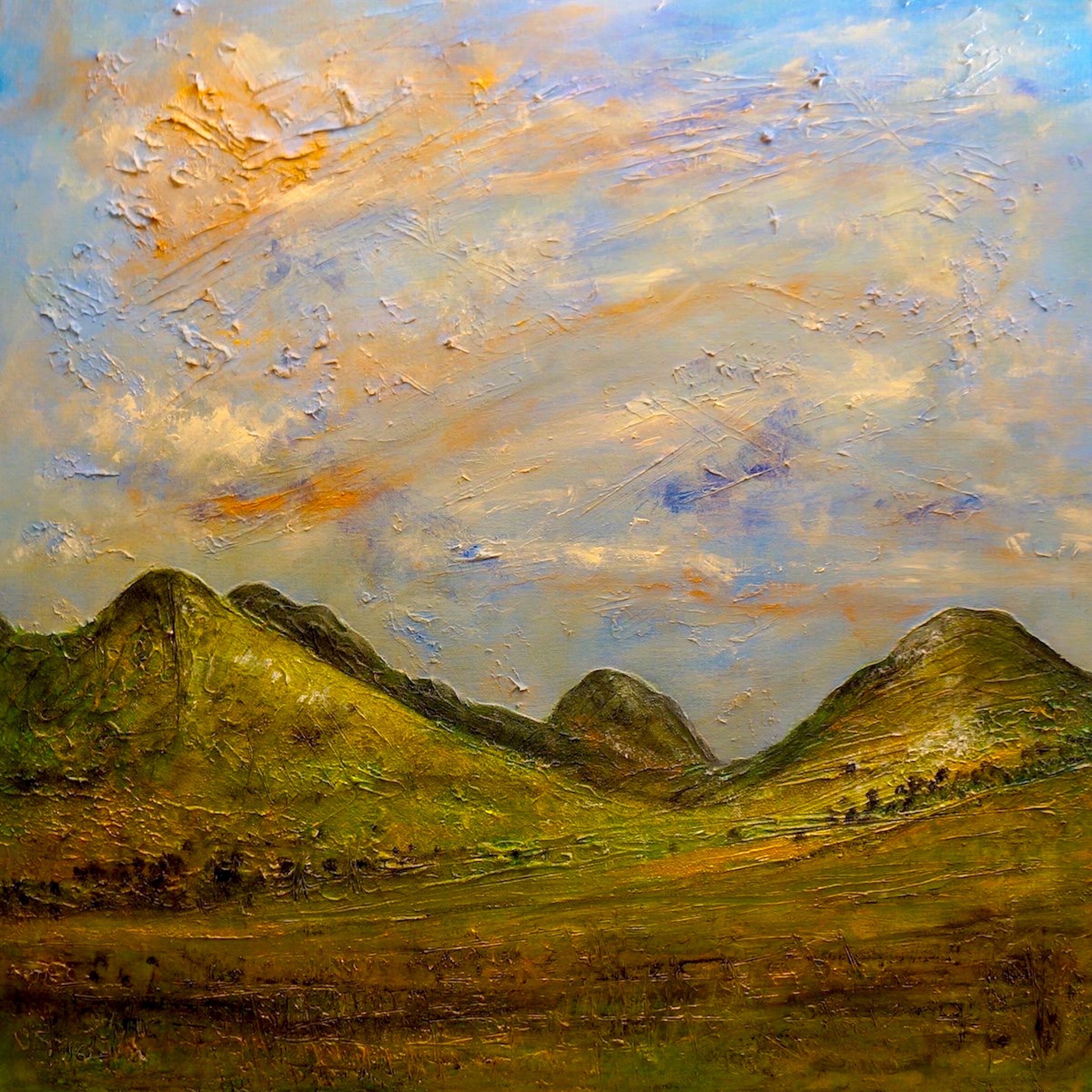 Impasto landscape painting titled Glencoe Summer Original Painting showcasing vibrant textures