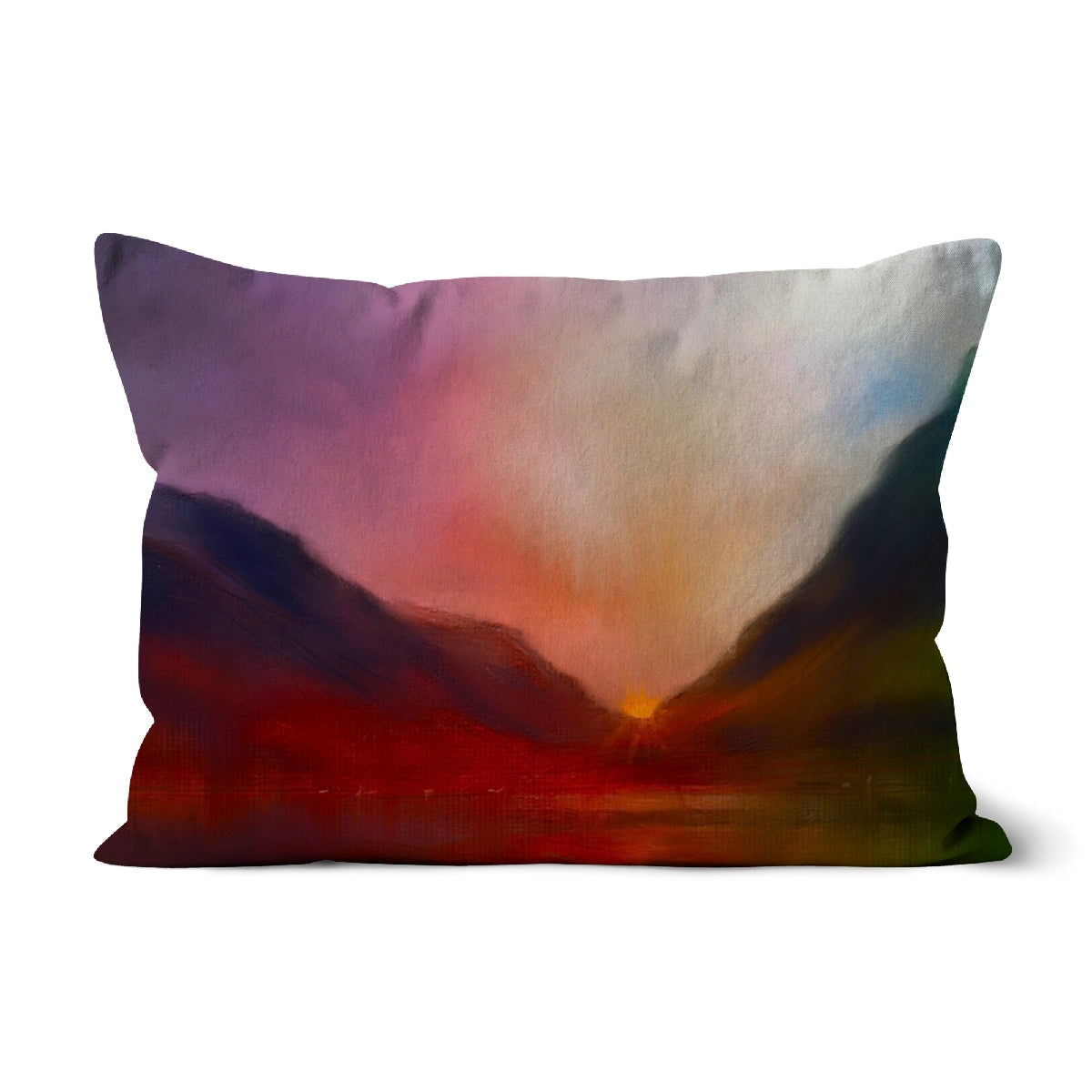 Glencoe Sunset Cushion: Purple and white abstract landscape throw pillow