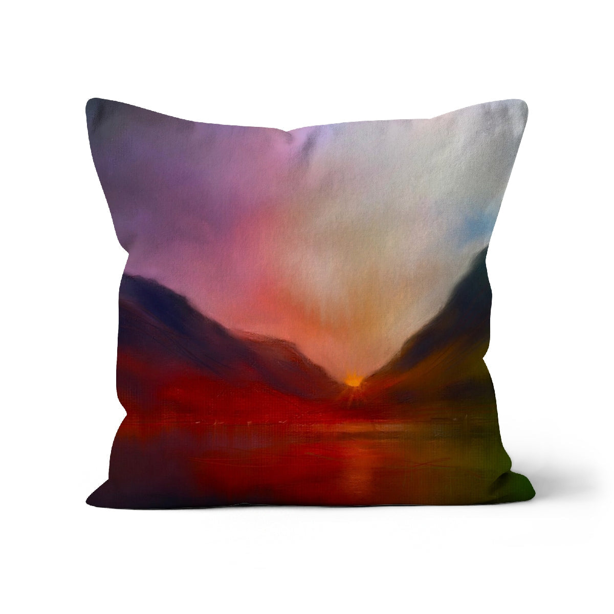 Glencoe Sunset 18x18 inch cushion cover with abstract purple orange mountain design